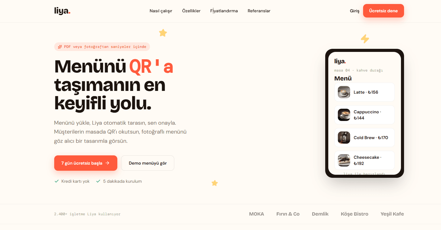 liya QR menü platformu ekran görüntüsü